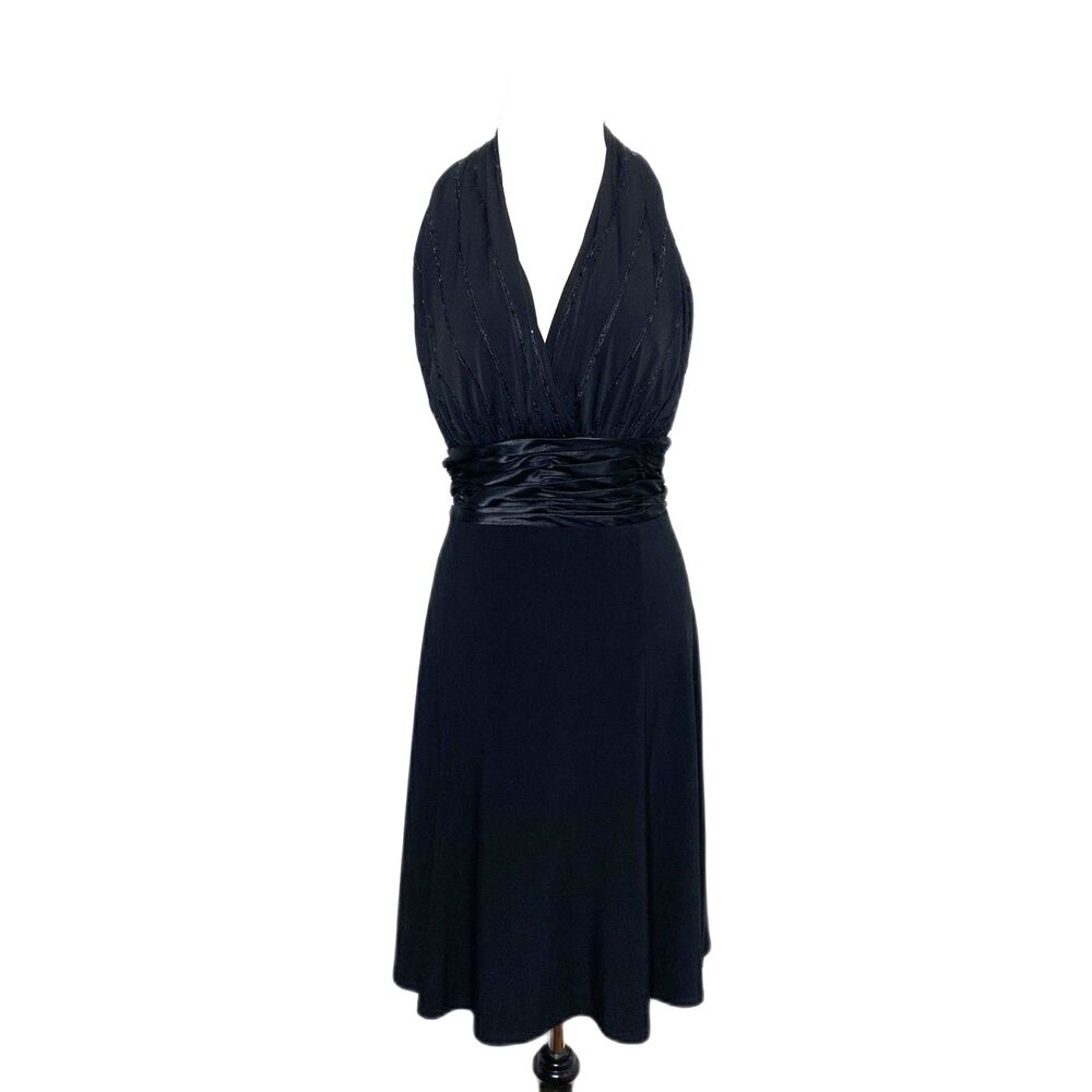 Evan Picone Sequin Cocktail Dress Black Halter V-Neck Satin Waist Formal Sz 16